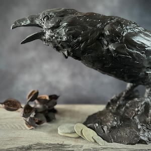 Raven's Voice, original art, hand cast bronze Raven sculpture, Gothic Home Decor, Raven Lover Gift by Canadian Artist, Kindrie Grove image 1