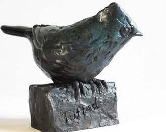 SMALL BRONZE BIRD, Tufted Titmouse: original art, hand cast bronze bird sculpture, Birding, Bird Lover Gift by artist Kindrie Grove