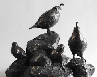 CAST BRONZE SCULPTURE, Quail Family, California Quails, Bird Art, luxury Art Decor by Canadian Artist Kindrie Grove