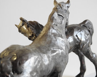 Arab and Goliath, original art, bronze horse sculpture, horse lover gift, featuring a Clydesdale and an Arabian by Kindrie Grove