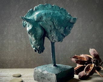 Trojan II, Bronze Horse Head Sculpture: Greek Style Equine Art Decor by Kindrie Grove