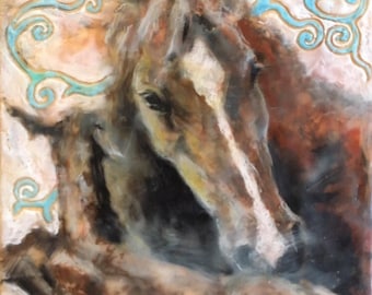 MARE & FOAL DRAWING, Memory I, Original Art Encaustic and Mixed Media, Horse Lover Gift, Nursery Decor by Kindrie Grove