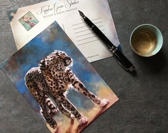 CHEETAH POSTCARD, Blue Cheetah: Large Art Postcard Print, Cat Lover Gift, Stationary by Canadian Artist Kindrie Grove