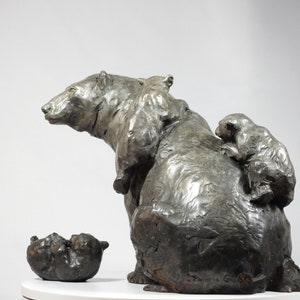 Climbing Mount Mama: Polar Bear family, cast bronze sculpture on marble base by Canadian Artist Kindrie Grove Buy with the 3rd cub