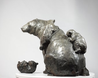 Climbing Mount Mama: Polar Bear family, cast bronze sculpture on marble base by Canadian Artist Kindrie Grove