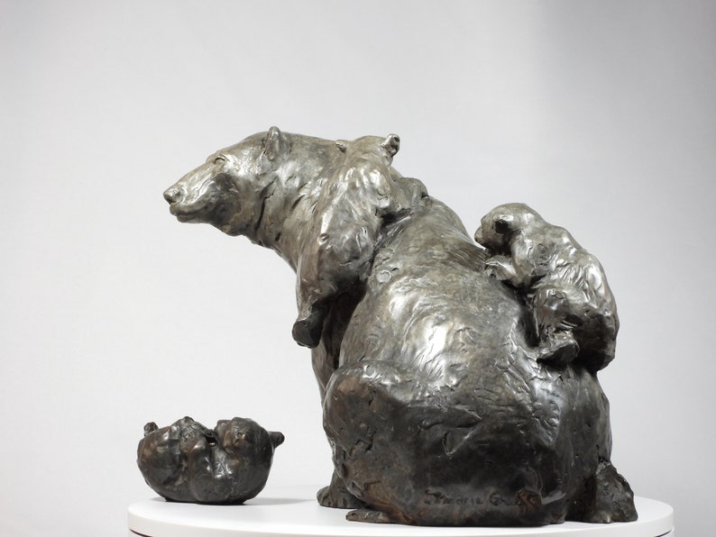 Climbing Mount Mama: Polar Bear family, cast bronze sculpture on marble base by Canadian Artist Kindrie Grove Buy with the 3rd cub