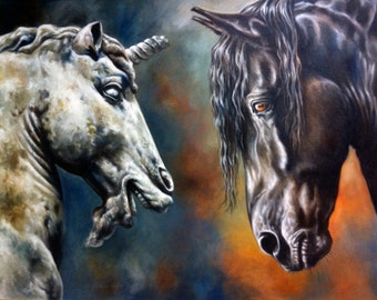 HORSE & UNICORN PAINTING, Ancient Tableau: Black Warrior, Friesian Horse, Luxury Wall Decor by Canadian Artist Kindrie Grove