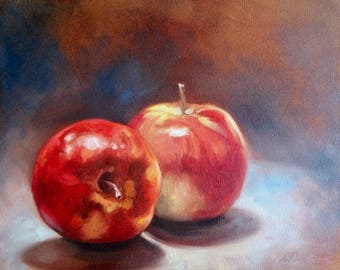 Spotlit Apples, Original Art, Apple Still Life, Kitchen Still Life oil Painting by Canadian Artist Kindrie Grove