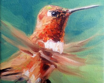 IMPRESSÃO DE BEIJA-FLOR ASSINADA, Red Rocket: Impressão artística de edição limitada em tela ou papel premium de um beija-flor ruivo por Kindrie Grove