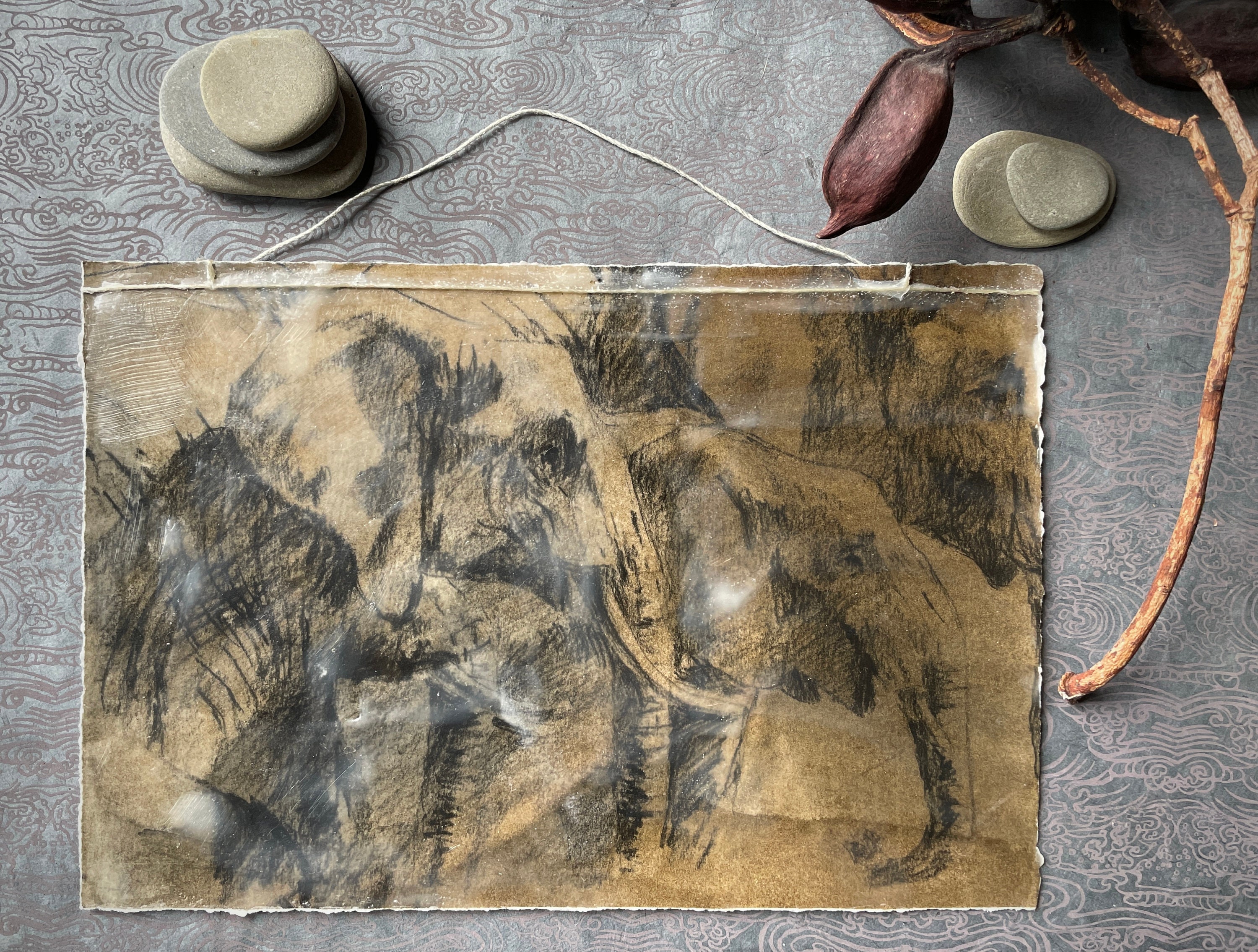 Encaustic Elephant Herd Drawing: African Wildlife Art (7x11 inches) by Kindrie Grove