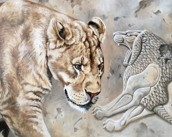 Lioness Oil Painting: Ancient Tableau, African Animal Art by Kindrie Grove