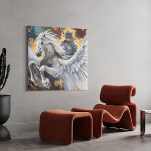 May include: A painting of a winged horse with a rider in armor. The horse is white and the rider is wearing a dark helmet and armor. The background is a golden color with swirling patterns.