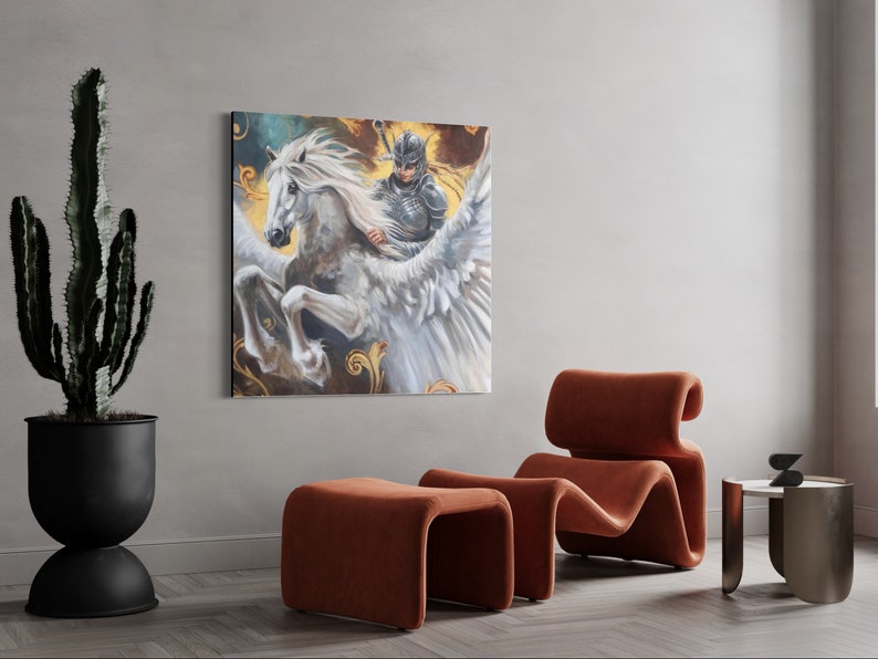 May include: A painting of a winged horse with a rider in armor. The horse is white and the rider is wearing a dark helmet and armor. The background is a golden color with swirling patterns.