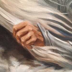 May include: A close-up of a hand reaching out from under a white fabric. The hand is painted in a realistic style with visible details like wrinkles and skin tone.