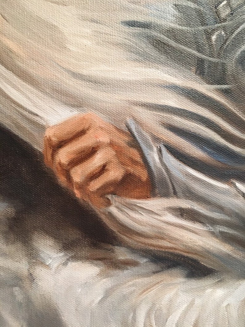 May include: A close-up of a hand reaching out from under a white fabric. The hand is painted in a realistic style with visible details like wrinkles and skin tone.