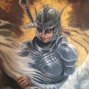 May include: A painting of a knight in silver armor with a helmet featuring a black visor and a feathered plume. The knight is holding a white cloth in their hand.