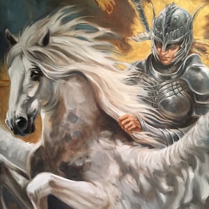May include: A painting of a woman in silver armor riding a white horse with wings. The woman is holding the reins of the horse and has a sword strapped to her back. The background is a gold and blue swirl.