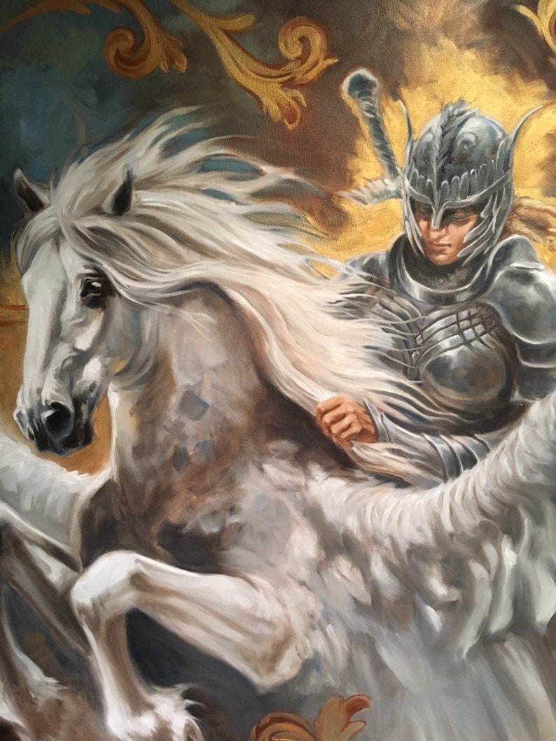 May include: A painting of a woman in silver armor riding a white horse with wings. The woman is holding the reins of the horse and has a sword strapped to her back. The background is a gold and blue swirl.
