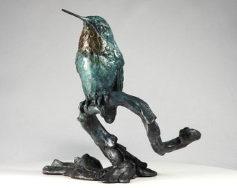 BRONZE HUMMINGBIRD SCULPTURE, Perch for One Scroll Base, Rufous Hummingbird, Original Art, Luxury Room Decor by Artist Kindrie Grove
