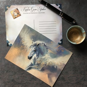 PEGASUS POSTCARD, Golden Creatures: Pegasus, White Winged Horse, Art Postcard Print, by Canadian Artist Kindrie Grove