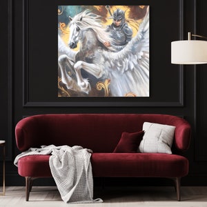 May include: A painting of a winged warrior riding a white horse. The warrior is wearing armor and holding a sword. The horse is flying through the air with its wings spread wide. The background is a golden and blue sky.