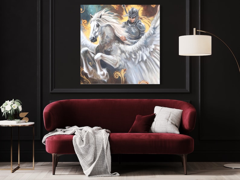 May include: A painting of a winged warrior riding a white horse. The warrior is wearing armor and holding a sword. The horse is flying through the air with its wings spread wide. The background is a golden and blue sky.