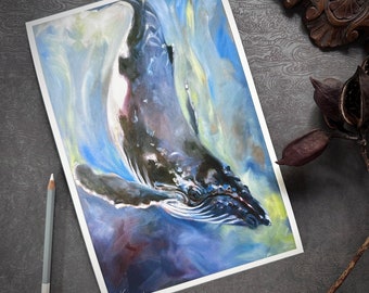 IMPRESSÃO DE BALEIA JURBACK, Compromisso, Assinada, Impressão artística de edição limitada de uma baleia jubarte mergulhando em 3 tamanhos pela artista Kindrie Grove