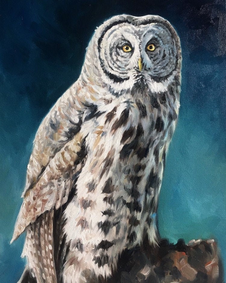 Gray Owl Oil Painting, Original Wildlife Art, Framed