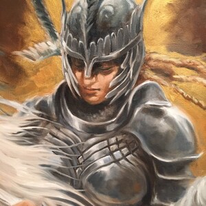 May include: A painting of a woman in silver armor with a feathered helmet. She is holding a white cloth in her hand and her face is partially obscured by the helmet.