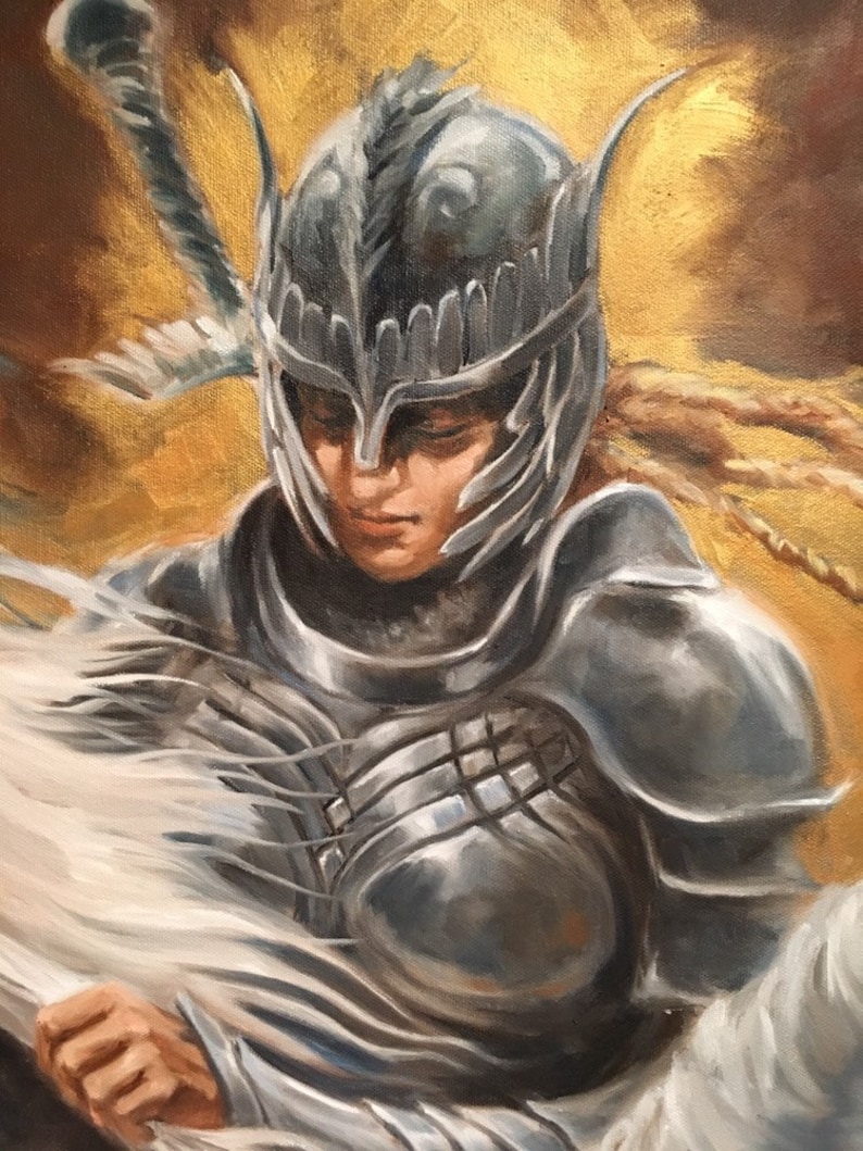 May include: A painting of a woman in silver armor with a feathered helmet. She is holding a white cloth in her hand and her face is partially obscured by the helmet.