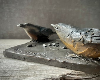 BRONZE NUTHATCH SCULPTURE Seed Swap: Red-breasted Nuthatches, cast bronze bird sculpture, birding art by Kindrie Grove