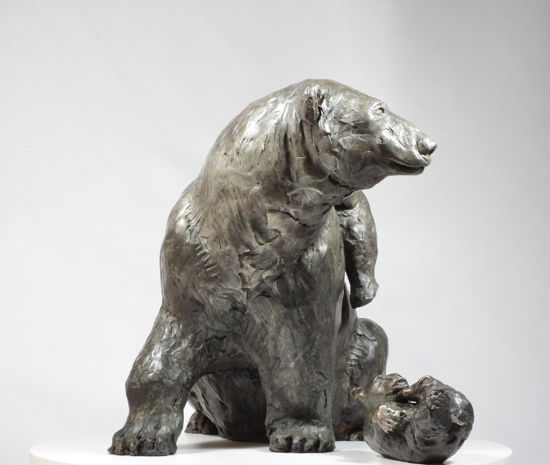 Climbing Mount Mama: Polar Bear family, cast bronze sculpture on marble base by Canadian Artist Kindrie Grove image 3