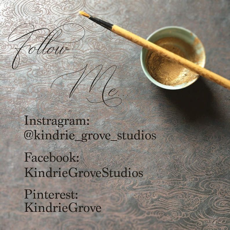 May include: A close-up of a gray textured surface with the words "Follow Me" written in cursive. The text is followed by social media handles for Instagram, Facebook, and Pinterest. The handles are @kindrie_grove_studios, KindrieGroveStudios, and KindrieGrove, respectively.