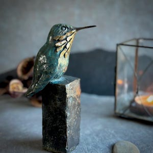HUMMINGBIRD SCULPTURE, Seat for One III,  Cast Bronze Calliope Hummingbird, Bird Lover Gift, Birding by Kindrie Grove