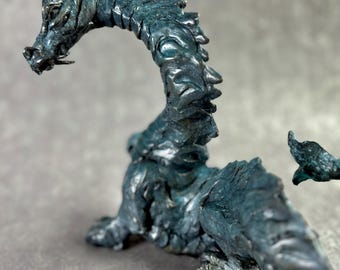 BRONZE DRAGON SCULPTURE, The Wizard, Hand Cast Fantasy Art in Green or Red, Luxury Art Decor by Canadian Artist Kindrie Grove