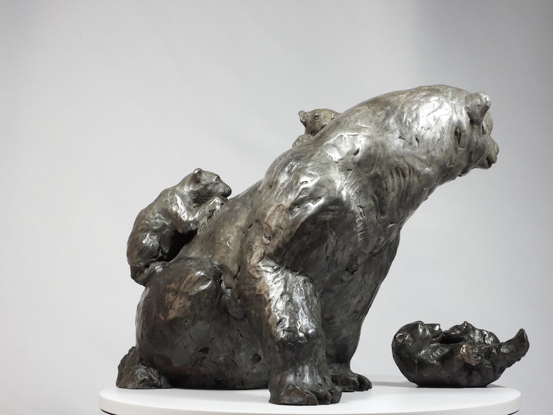 Climbing Mount Mama: Polar Bear family, cast bronze sculpture on marble base by Canadian Artist Kindrie Grove image 4