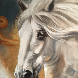 May include: A close-up painting of a white horse with its mane blowing in the wind. The horse's eye is visible, and the background is a muted blue and gold.