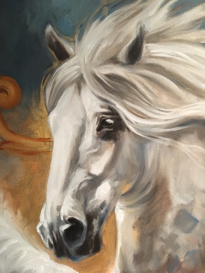 May include: A close-up painting of a white horse with its mane blowing in the wind. The horse's eye is visible, and the background is a muted blue and gold.
