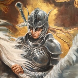 May include: A painting of a knight in silver armor holding a white cloth. The knight is wearing a helmet with a crest and has a sword strapped to their back. The background is a golden brown color with gold swirls.