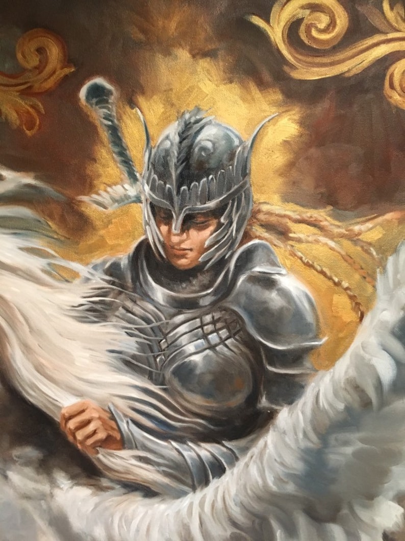 May include: A painting of a knight in silver armor holding a white cloth. The knight is wearing a helmet with a crest and has a sword strapped to their back. The background is a golden brown color with gold swirls.