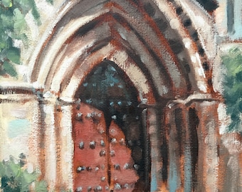 Gothic Church Door Oil Painting: Jerez, Spain, Original Art by Kindrie Grove