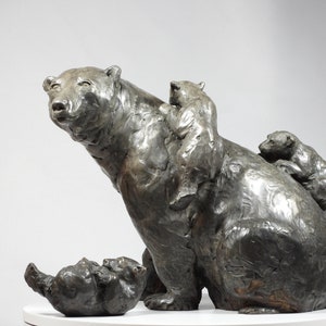 Climbing Mount Mama: Polar Bear family, cast bronze sculpture on marble base by Canadian Artist Kindrie Grove image 2