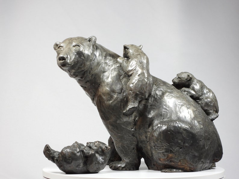 Climbing Mount Mama: Polar Bear family, cast bronze sculpture on marble base by Canadian Artist Kindrie Grove image 2