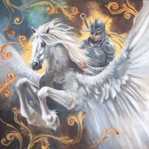 May include: A painting of a winged white horse with a rider wearing silver armor. The horse is in mid-air with its wings spread wide. The background is a golden yellow with swirling patterns.