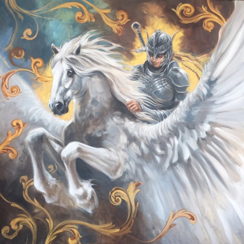 May include: A painting of a winged white horse with a rider wearing silver armor. The horse is in mid-air with its wings spread wide. The background is a golden yellow with swirling patterns.