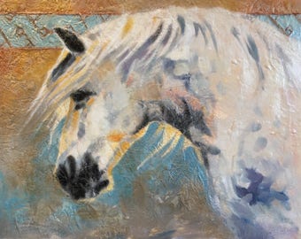 SPANISH STALLION PAINTING, Fiego De Deciembre, Original Art, Encaustic Drawing, Rustic Home Decor, Horse Lover Gift by Artist Kindrie Grove