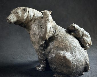 Cast Bronze Polar Bear Family Sculpture: Arctic Wildlife Decor by Kindrie Grove