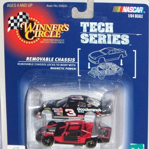 May include: A NASCAR Tech Series die-cast collectible toy car, 1/64 scale, featuring a removable chassis. The black and red car is packaged in a blue blister pack with the text "Winner's Circle" and "Dale Earnhardt". Ages 4 and up.