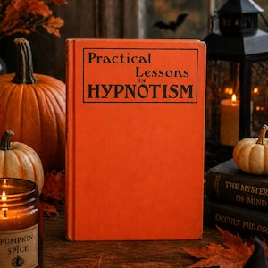 Peut inclure: Un livre orange intitul&eacute; "Practical Lessons in HYPNOTISM" est au centre de cette sc&egrave;ne automnale. Des citrouilles, des bougies et des feuilles d'automne cr&eacute;ent une ambiance chaleureuse sur le th&egrave;me d'Halloween. Une bougie avec une &eacute;tiquette "Pumpkin Spice" ajoute &agrave; l'ambiance.