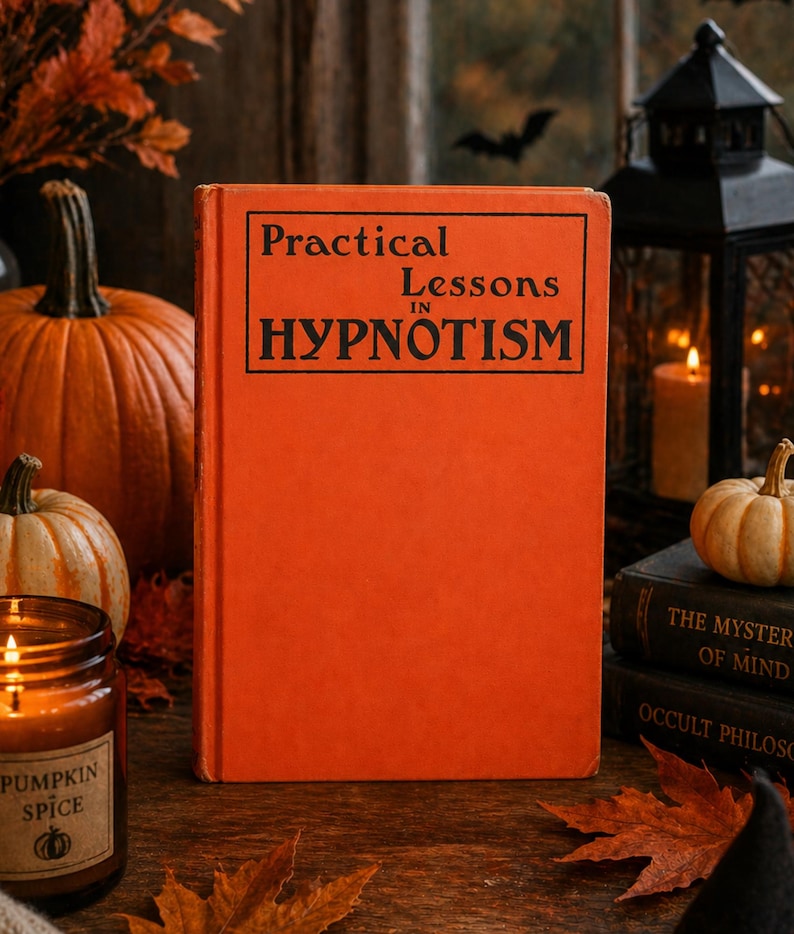 Peut inclure: Un livre orange intitul&eacute; "Practical Lessons in HYPNOTISM" est au centre de cette sc&egrave;ne automnale. Des citrouilles, des bougies et des feuilles d'automne cr&eacute;ent une ambiance chaleureuse sur le th&egrave;me d'Halloween. Une bougie avec une &eacute;tiquette "Pumpkin Spice" ajoute &agrave; l'ambiance.